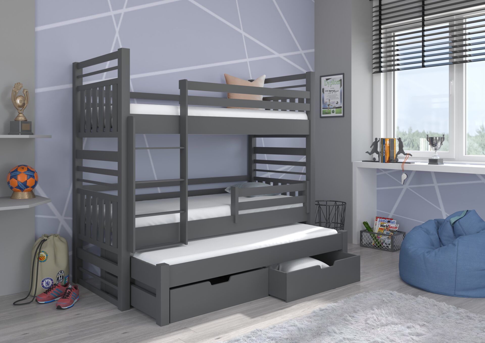 Trīsstāvu gulta ar HIPPO 180x80 matračiem, pelēka, ADRK — изображение 2