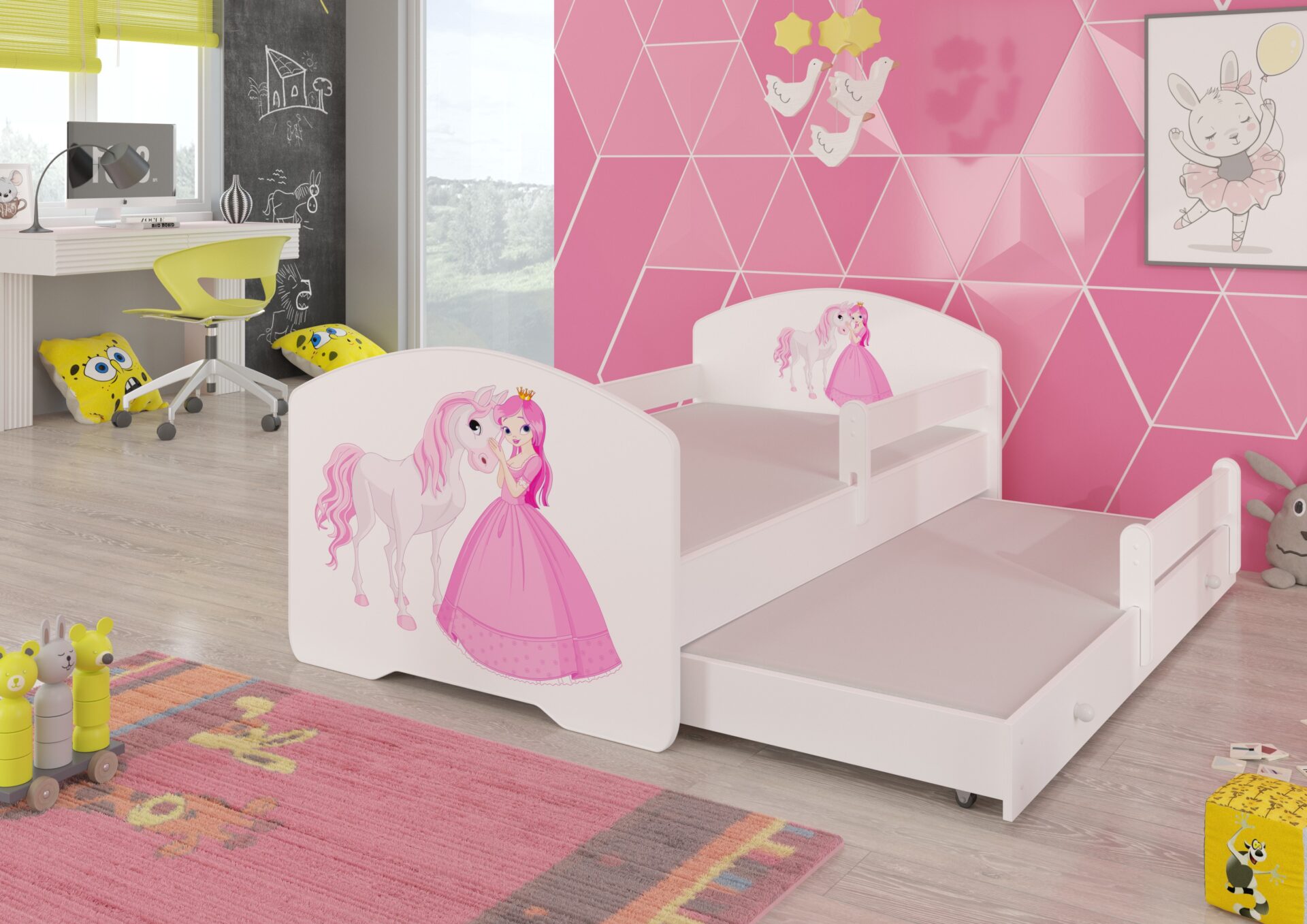 Divguļamā gulta ar karnīzi un matračiem PEPE II PRINCESS AND HORSE 160x80 balta ADRK — 2 attēls