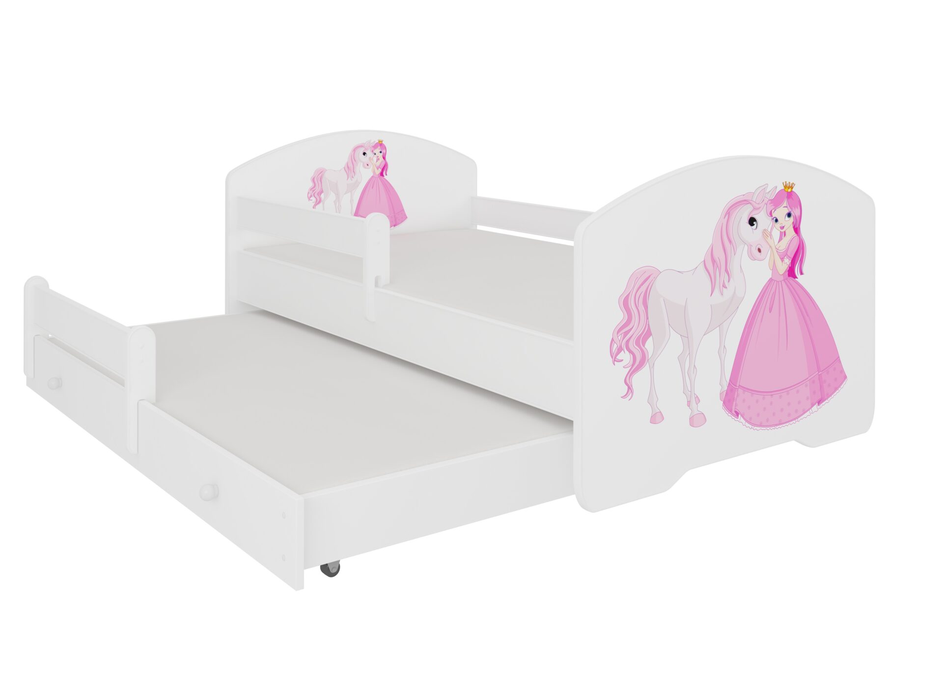 Divguļamā gulta ar karnīzi un matračiem PEPE II PRINCESS AND HORSE 160x80 balta ADRK