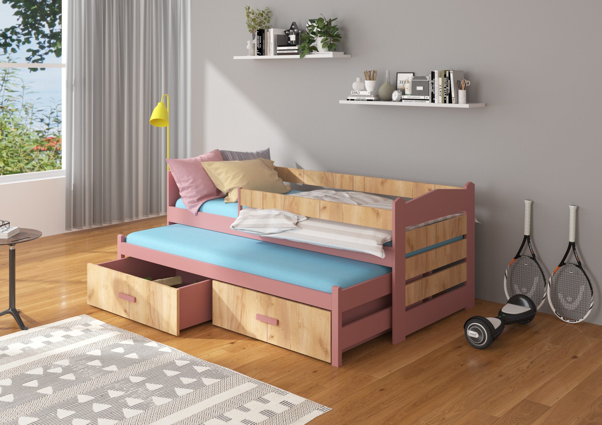 Divguļamā gulta ar karnīzi un matračiem TIARRO 180x80 priede/zeltainais ozols ADRK — изображение 2