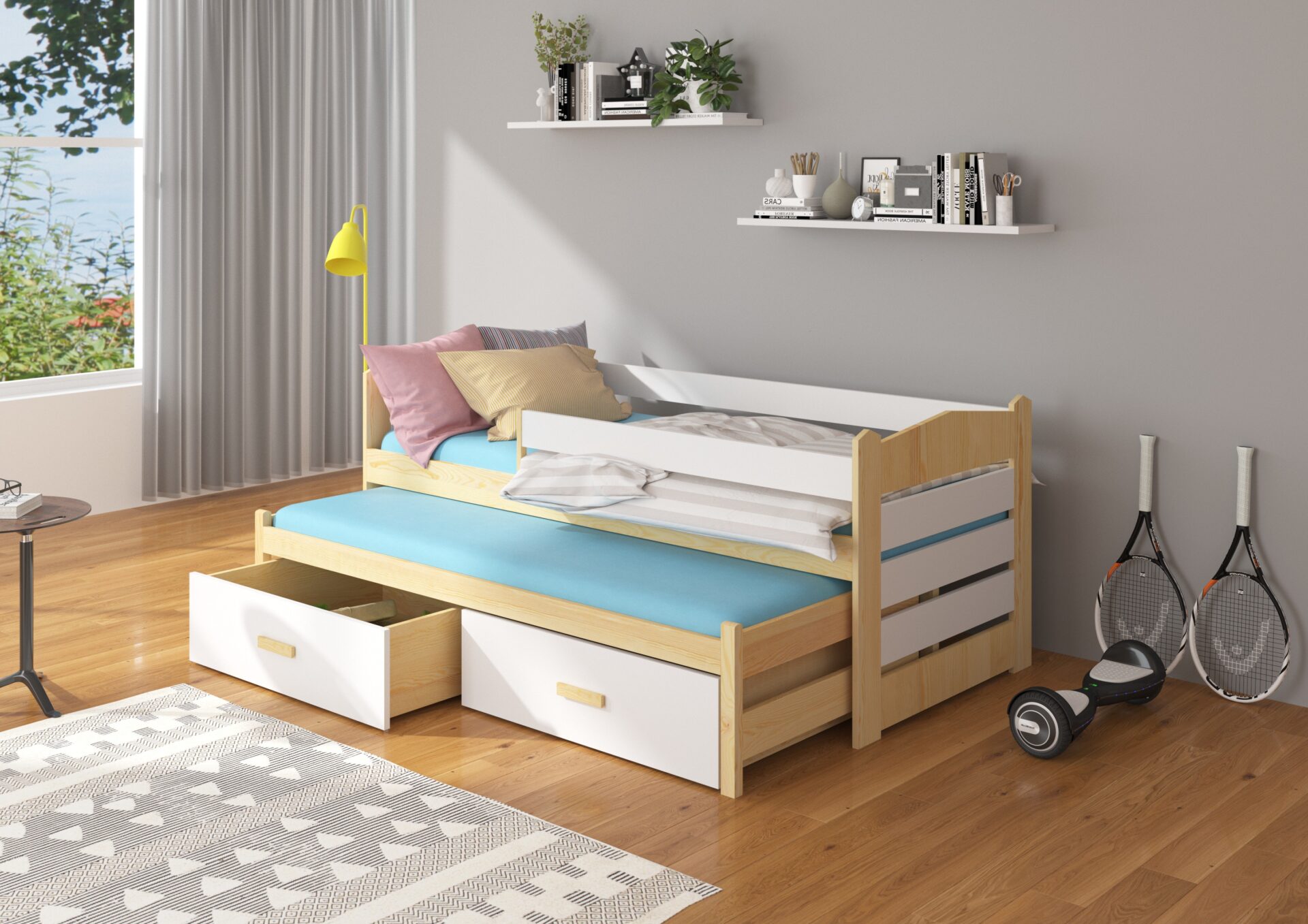 Divguļamā gulta ar karnīzi un matračiem TIARRO 180x80 Dabīga priede/balta ADRK — изображение 2
