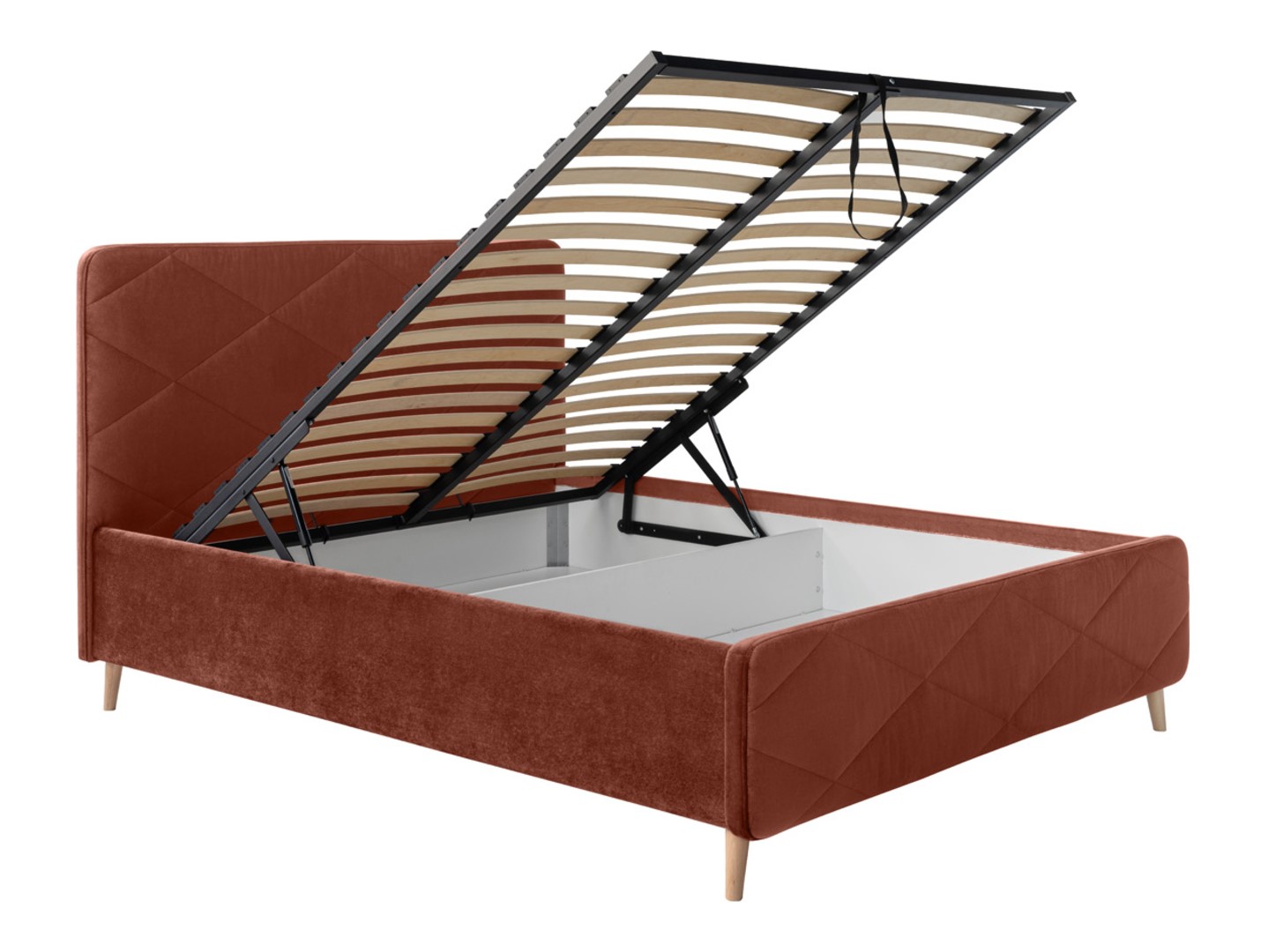 Bondo mīksta gulta 140x200 ar uzglabāšanas kasti uz kājām un rāmi, oranža