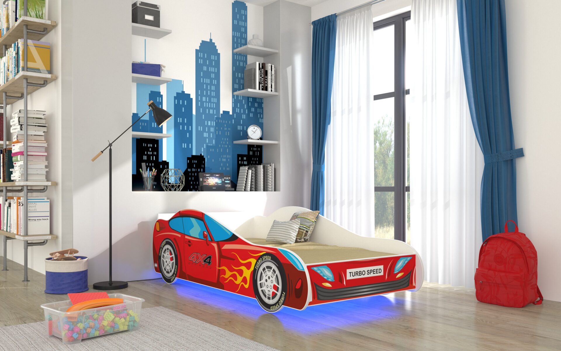 Gulta ar matraci un LED apgaismojumu AUTO 4x4 140x70 sarkana ADRK — изображение 2