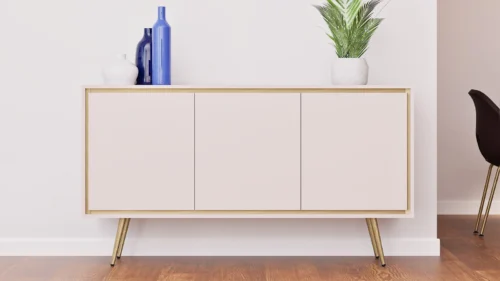 Nevea kumode 150 cm bēšā krāsā, eleganta kumode viesistabai ar neuzkrītošu un interesantu stilu, atveras, nospiežot pogu.