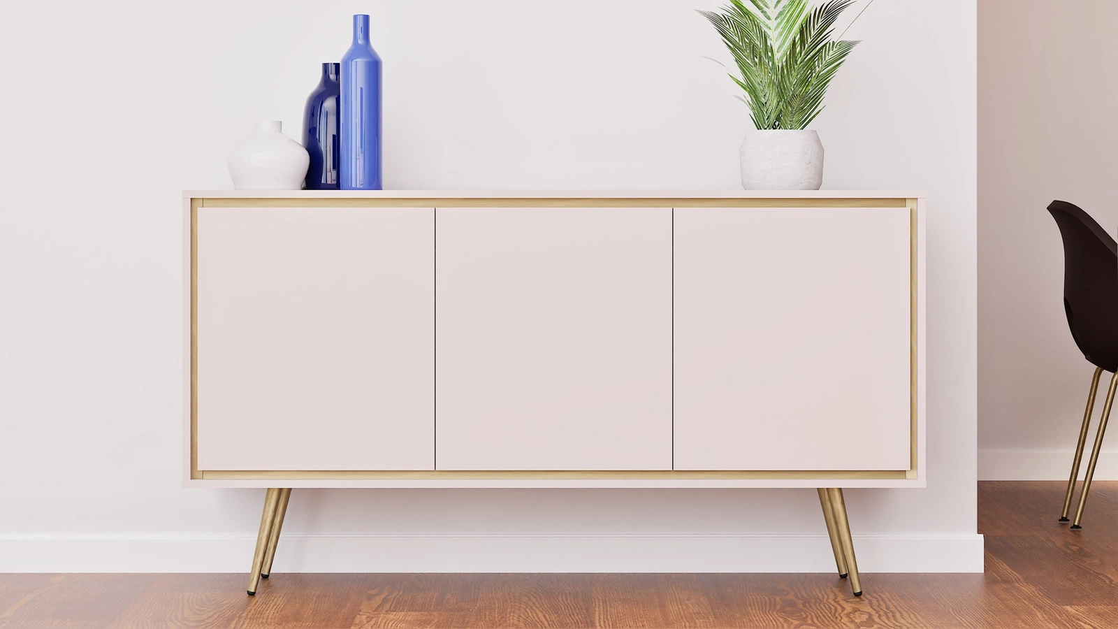 Nevea kumode 150 cm bēšā krāsā, eleganta kumode viesistabai ar neuzkrītošu un interesantu stilu, atveras, nospiežot pogu.