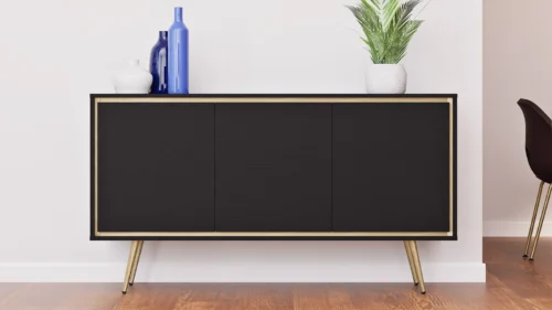 Nevea kumode 150 cm, melna grafīta krāsā, eleganta kumode viesistabai, oriģināls un interesants dizains, bīdāmās durvis