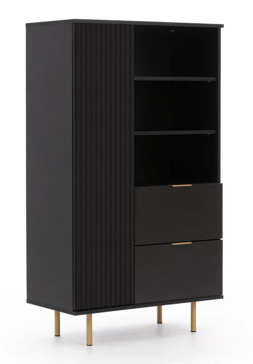 Augsta kumode “Sula”, 80 cm, melna, eleganta un funkcionāla kumode ar rievotu priekšpusi, kas bagātināta ar metāla rokturiem.