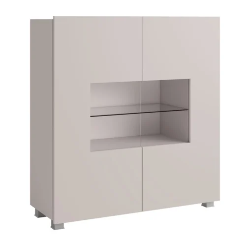 CALABRINI 100 cm stikla kumode, bēšā krāsā, minimālistisks dizains, stilīga kumode viesistabai, vienkārša forma, piemērota jebkuram interjeram