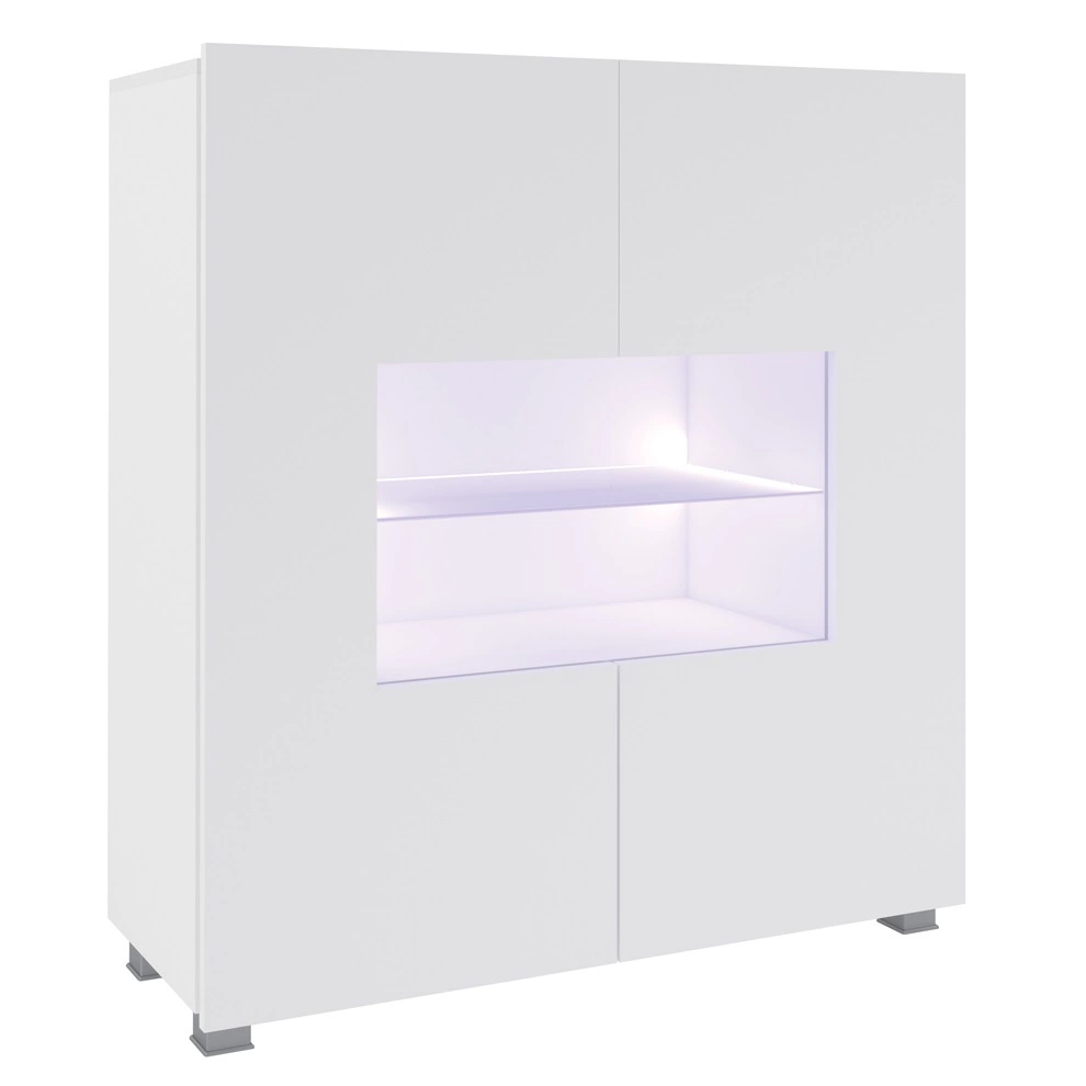 CALABRINI 100 cm stikla kumode, spīdīgi balta, minimālistisks dizains, stilīga kumode viesistabai, vienkārša forma, piemērota jebkuram interjeram