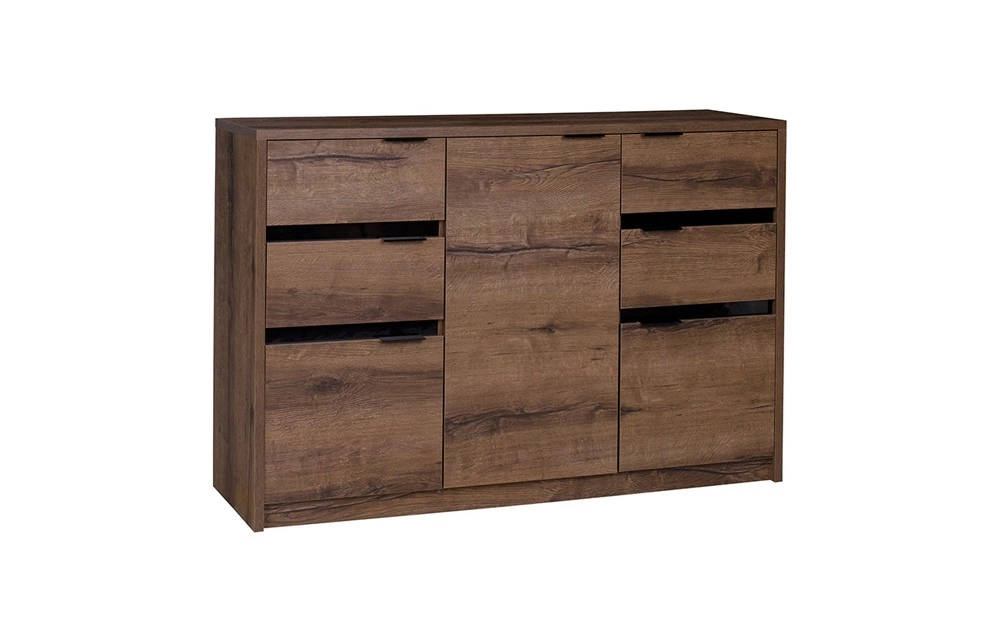 Denver kumode 135 cm, klostera ozols/spīdīgi melna, vienkārša kumode modernā versijā, izturīgi metāla rokturi