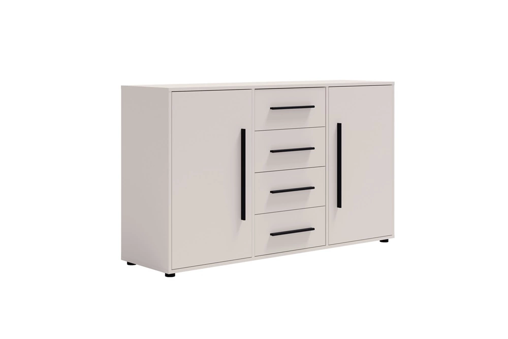 Maxione kumode, 150 cm, bēša, eleganta un daudzpusīga stila, piemērota guļamistabai vai viesistabai, ar gaumīgiem melniem rokturiem