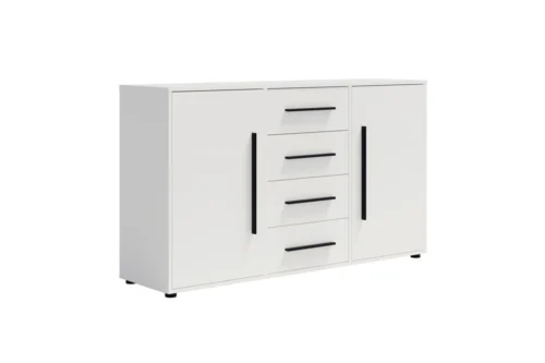 “Maxione” kumode 150 cm, balta, eleganta un daudzpusīga kumode guļamistabai vai viesistabai, gaumīgi melni rokturi