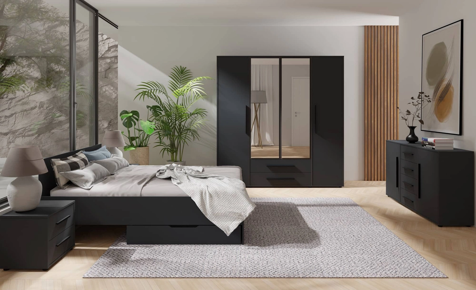 "Maxione" kumode 150 cm, melna, eleganta un daudzpusīga kumode guļamistabai vai viesistabai, gaumīgi melni rokturi — 5 attēls