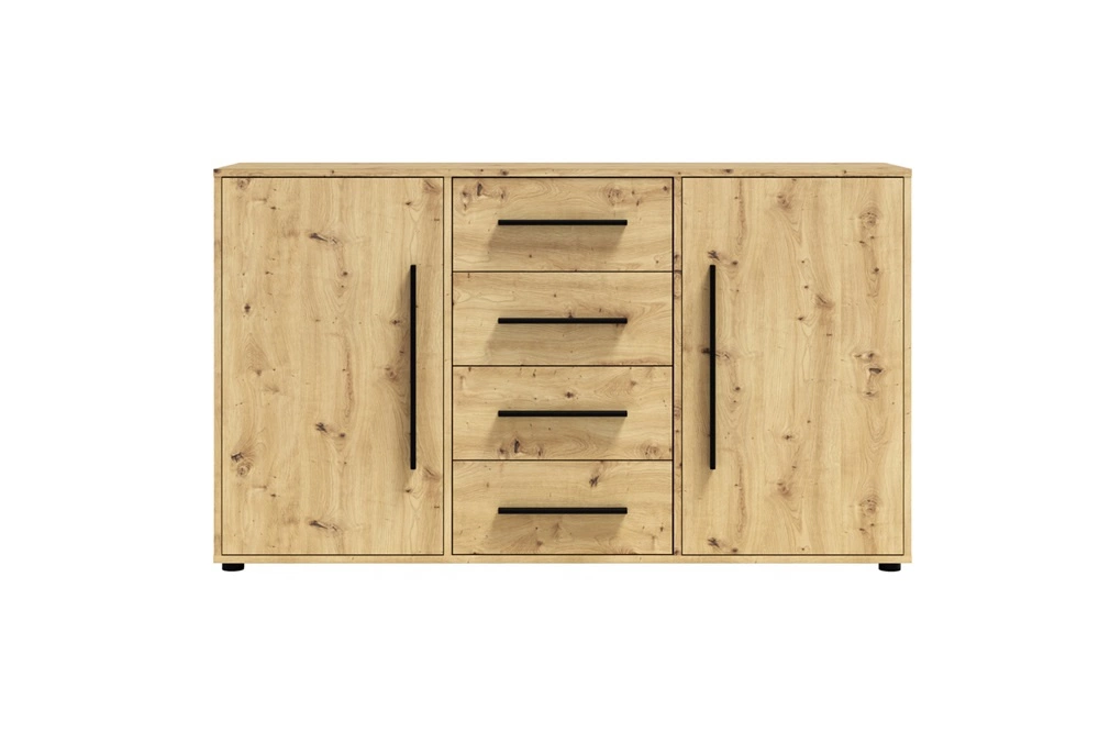 "Maxione" kumode, 150 cm, mākslinieciskā ozolkoka krāsā, eleganta un daudzpusīga kumode guļamistabai vai viesistabai, gaumīgi melni rokturi — 3 attēls