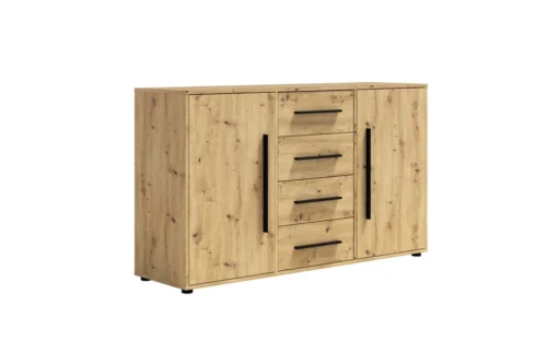 “Maxione” kumode, 150 cm, mākslinieciskā ozolkoka krāsā, eleganta un daudzpusīga kumode guļamistabai vai viesistabai, gaumīgi melni rokturi