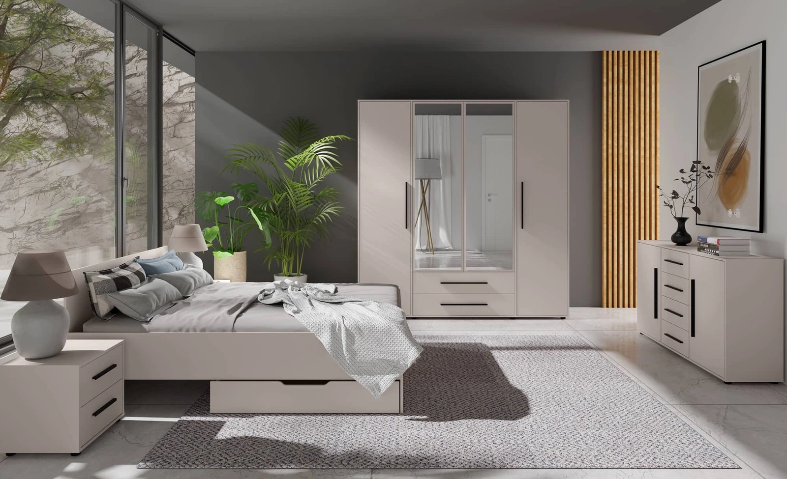 "Maxione" kumode, 99 cm, bēšā krāsā, minimālistisks dizains, klasiska forma, ideāli piemērota viesistabai vai atpūtas telpai — 4 attēls