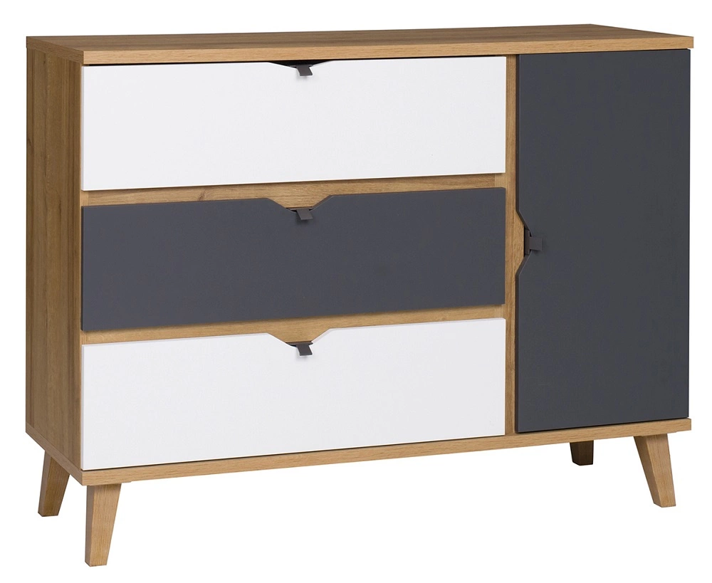 Memone kumode 120 cm zeltainā ozola/baltā/grafīta krāsā, ideāla kumode pusaudža vai bērna istabai skandināvu stilā.