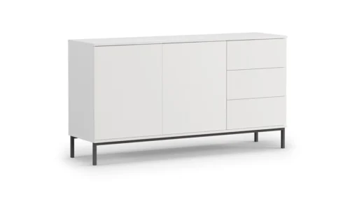Tutti kumode, 150 cm, balta, minimālistisks dizains, vienkārša forma, balstās uz metāla pamatnes, atvēršana ar piespiedienu