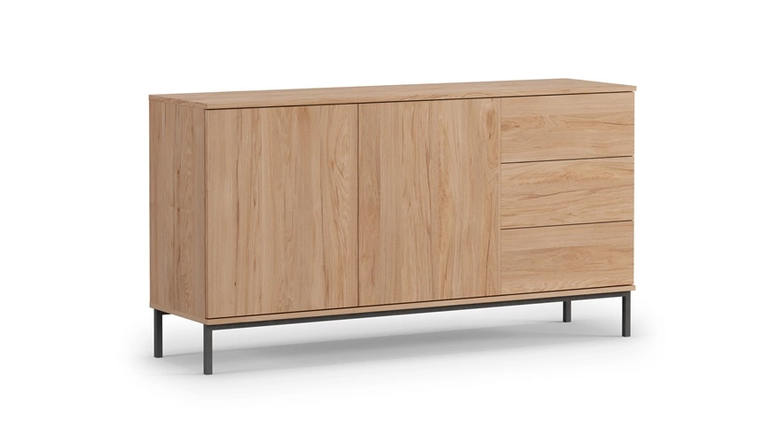 Tutti kumode, 150 cm, hikorija ozola krāsā, minimālistisks dizains, vienkāršas formas, balstās uz metāla pamatnes, atvēršana ar piespiedienu