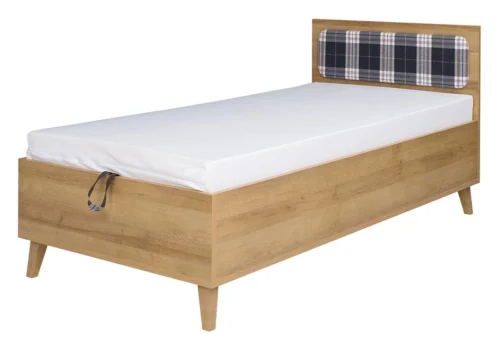 “Memone” gulta, 90×200 cm, zeltaina ozola krāsā, ar gultasveļas kasti, ideāli piemērota bērnu istabai, ar skandināvu stila polsterētu galvgali