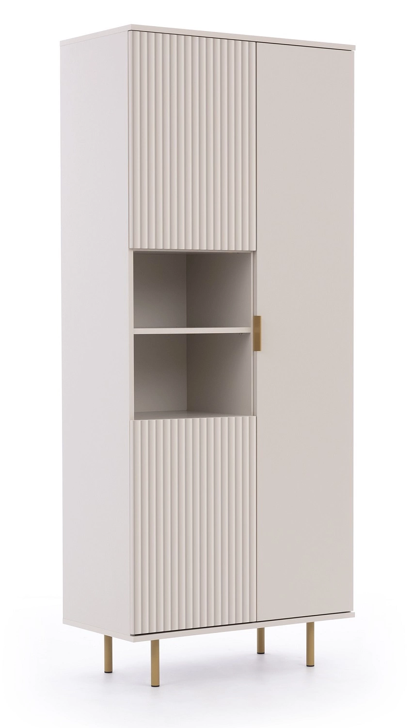 Sula 80 cm bēšs grāmatu plaukts, elegants dizains, stabilas augstas kājas, grāmatu plaukts ar durvīm viesistabai, rievota priekšpuse ar klikšķa atvēršanas sistēmu