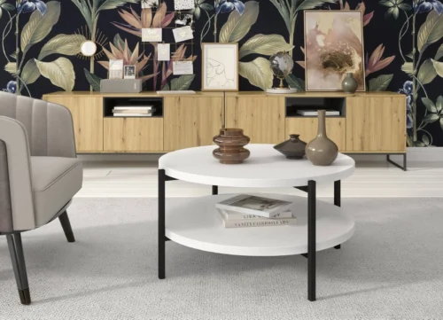 Apaļš Sampi kafijas galdiņš, 84 cm, balts, ar papildu plauktu, viegls dizains, izturīga metāla pamatne, lieliski piemērots jebkurai kompozīcijai