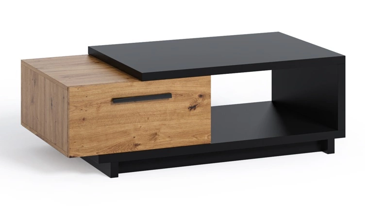 Kafijas galdiņš ar atvilktni, 120 cm, Simi GB, māksliniecisks ozols/melns tonis, moderns dizains, asimetriska forma, pret izšļakstīšanos izturīga virsma