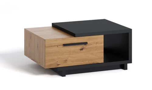 Kafijas galdiņš ar atvilktni, 90 cm, Simi GB, māksliniecisks ozols/melns abažūrs, moderns dizains, asimetriska forma, pret izšļakstīšanos izturīga virsma