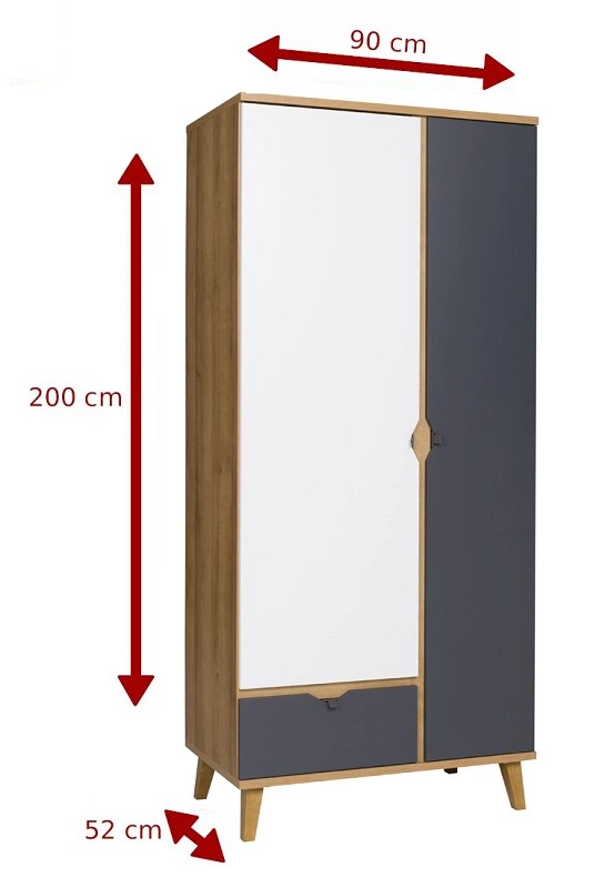 Memone skapis, 90 cm, zeltaina ozola/balta/grafīta krāsā, moderns dizains, ideāls skapis jauniešu istabai vai gaitenim — изображение 2
