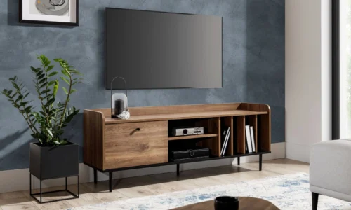 Apallo TV skapis 150 cm, brendija ozols “Castello”, oriģināls skapja dizains, izturīga konstrukcija uz metāla kājām, augstas galda malas