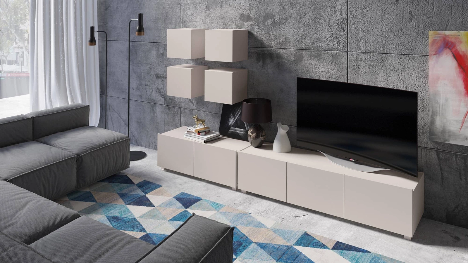 CALABRINI TV skapītis 150 cm, bēšs, ar pakarināšanas iespēju, minimālistisks dizains, vienkāršas formas, piemērots jebkuram interjeram — 3 attēls
