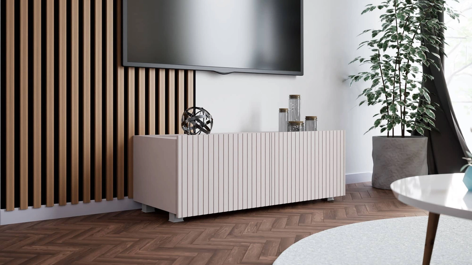 Vēsāks TV skapītis 100 cm, bēšs, ar pakarināšanas iespēju, stilīga rievota priekšpuse, eleganta moderna stila mēbeļu forma — изображение 2