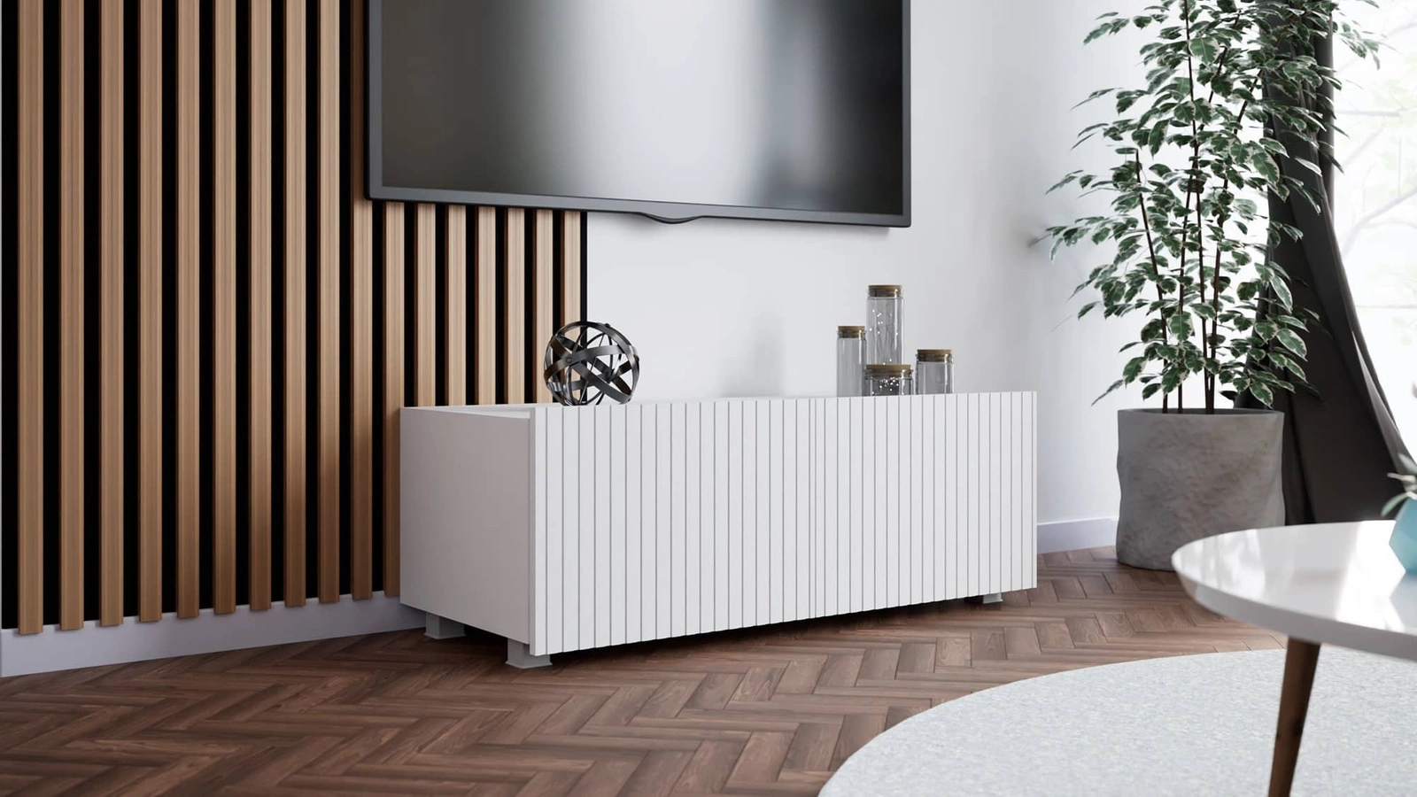 Auksts TV skapis 100 cm, balts, ar pakarināšanas iespēju, stilīga rievota priekšpuse, eleganta moderna stila mēbeļu forma — изображение 2