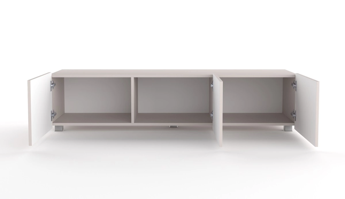 Vēsāks TV skapītis 150 cm bēšā krāsā ar pakarināšanas iespēju, stilīga rievota priekšpuse, eleganta moderna stila mēbeļu forma — изображение 6