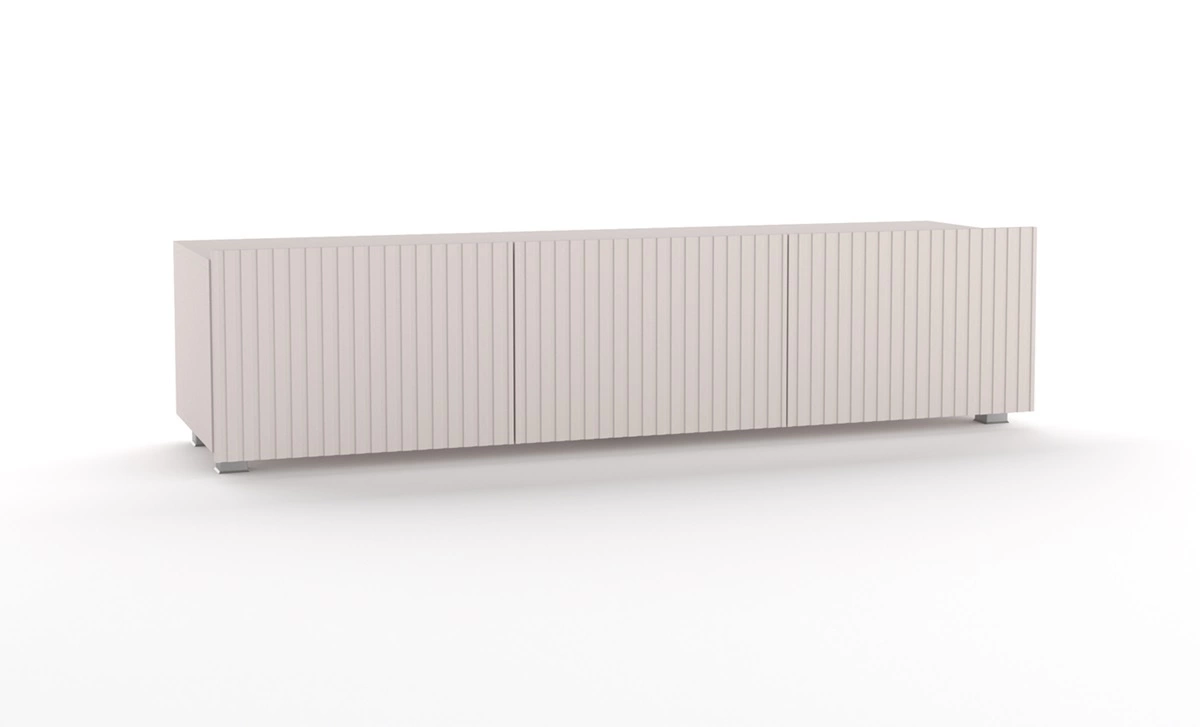 Vēsāks TV skapītis 150 cm bēšā krāsā ar pakarināšanas iespēju, stilīga rievota priekšpuse, eleganta moderna stila mēbeļu forma — изображение 5