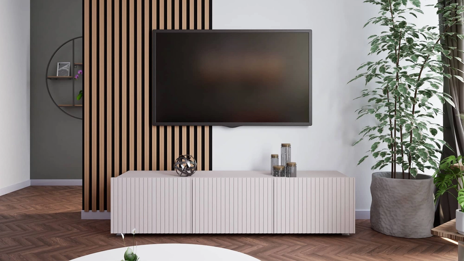 Vēsāks TV skapītis 150 cm bēšā krāsā ar pakarināšanas iespēju, stilīga rievota priekšpuse, eleganta moderna stila mēbeļu forma