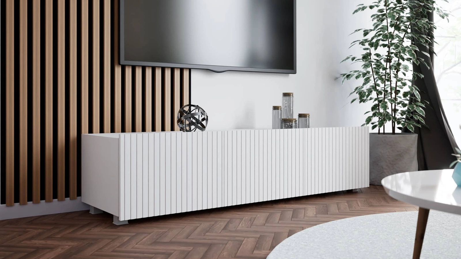 Auksts TV skapis 150 cm, balts ar pakarināšanas iespēju, stilīga rievota priekšpuse, eleganta moderna stila mēbeļu forma — изображение 2
