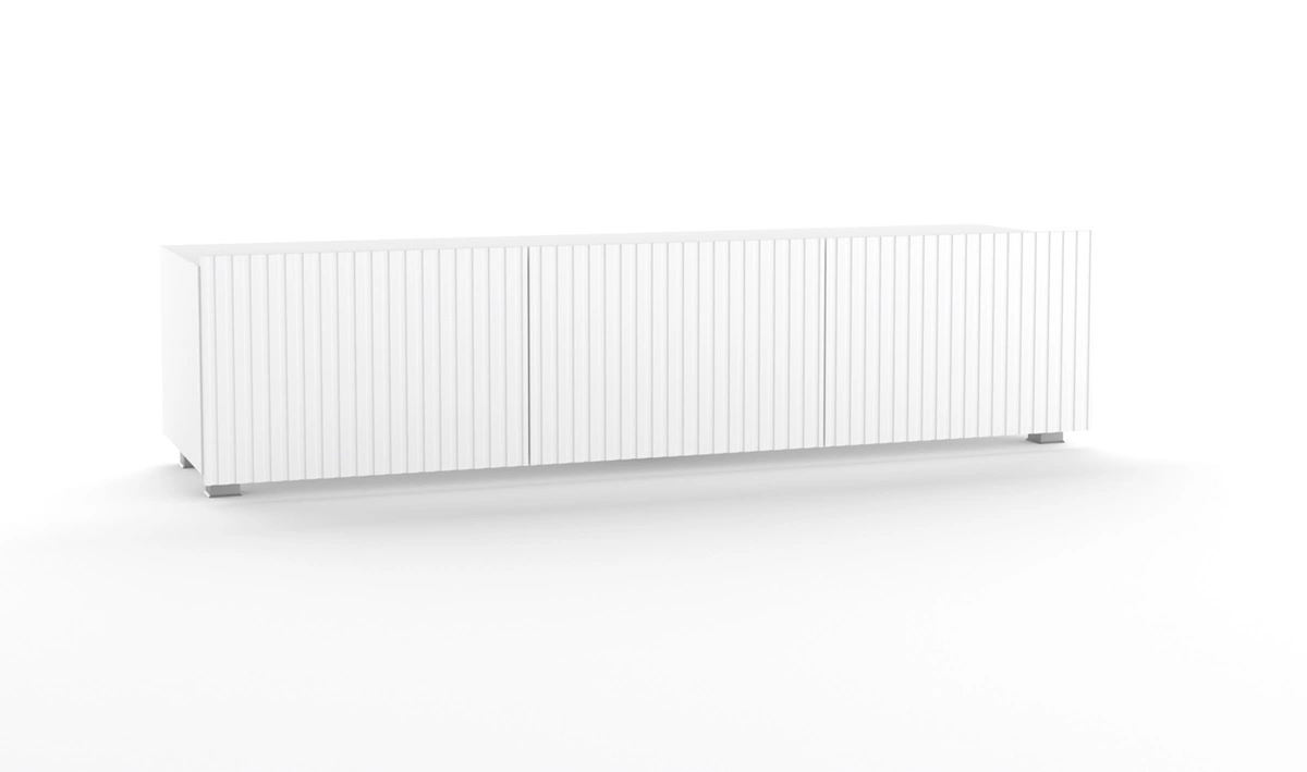 Auksts TV skapis 150 cm, balts ar pakarināšanas iespēju, stilīga rievota priekšpuse, eleganta moderna stila mēbeļu forma — изображение 5
