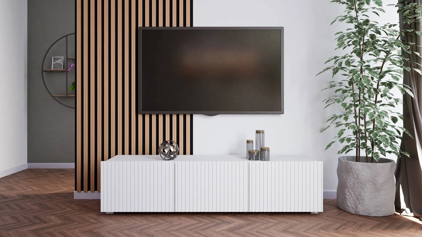 Auksts TV skapis 150 cm, balts ar pakarināšanas iespēju, stilīga rievota priekšpuse, eleganta moderna stila mēbeļu forma