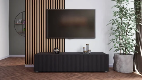 Auksts TV skapis 150 cm, melns, ar pakarināšanas iespēju, stilīga rievota priekšpuse, eleganta moderna stila mēbeļu forma
