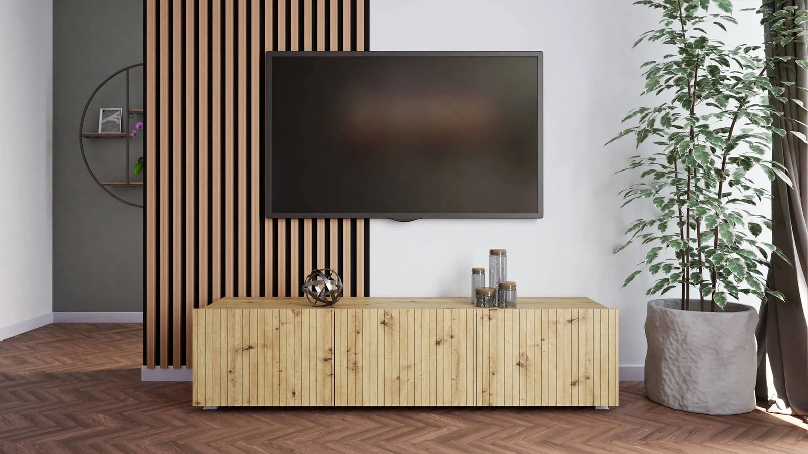 Auksts TV skapis 150 cm, ozolkoka krāsā, ar pakarināšanas iespēju, stilīga rievota priekšpuse, eleganta moderna stila mēbeļu forma