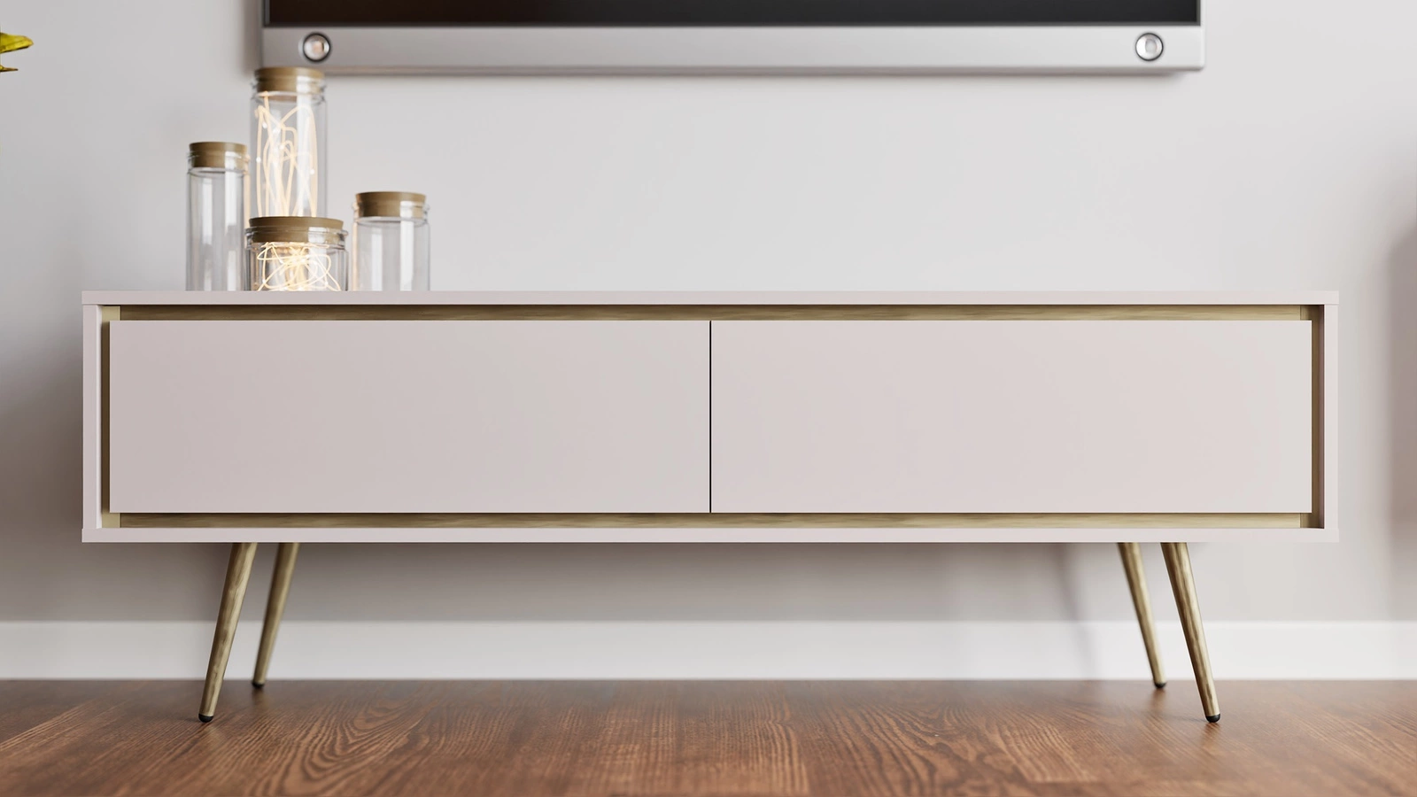 Nevea TV skapītis, 150 cm, bēšs, elegants skapītis, smalkas krāsas, oriģināls dekors jebkuram interjeram, stabilas zelta kājas