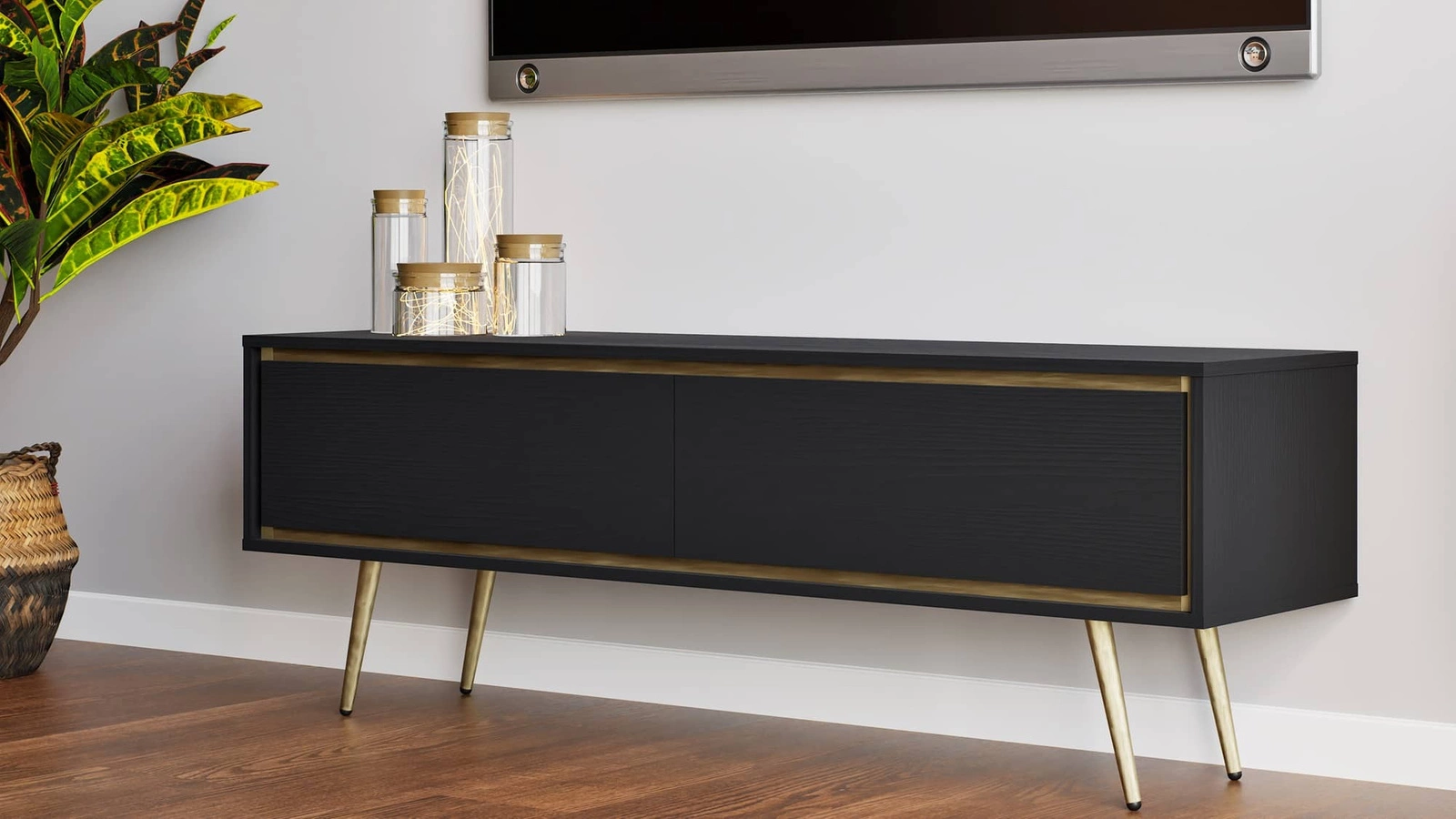 Nevea TV skapītis, 150 cm, bēšs, elegants skapītis, spilgtas krāsas, oriģināls dekors jebkuram interjeram, stabilas zelta kājas — 5 attēls