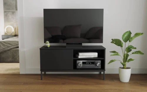 Tutti TV skapītis 100 cm melns, vienkārša forma, uzstādīts uz melnas metāla pamatnes, elegants stils
