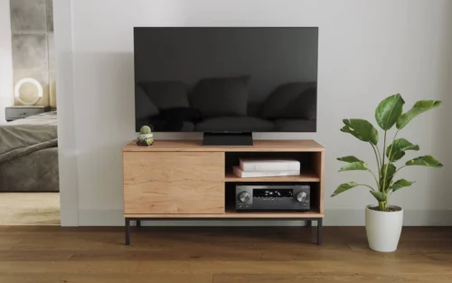 Tutti TV skapītis, 100 cm, hikorija ozola krāsā, vienkārša skapīša forma, uzstādīts uz melnas metāla pamatnes, elegants stils