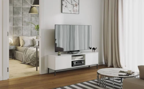 Tutti TV skapītis, 150 cm, balts, elegants dizains, izturīga metāla pamatne, klikšķini atveramas durvis
