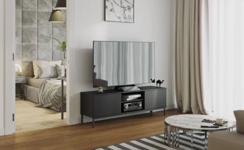 Tutti TV skapītis, 150 cm, melns, elegants dizains, izturīgas metāla durvis, atveras, nospiežot