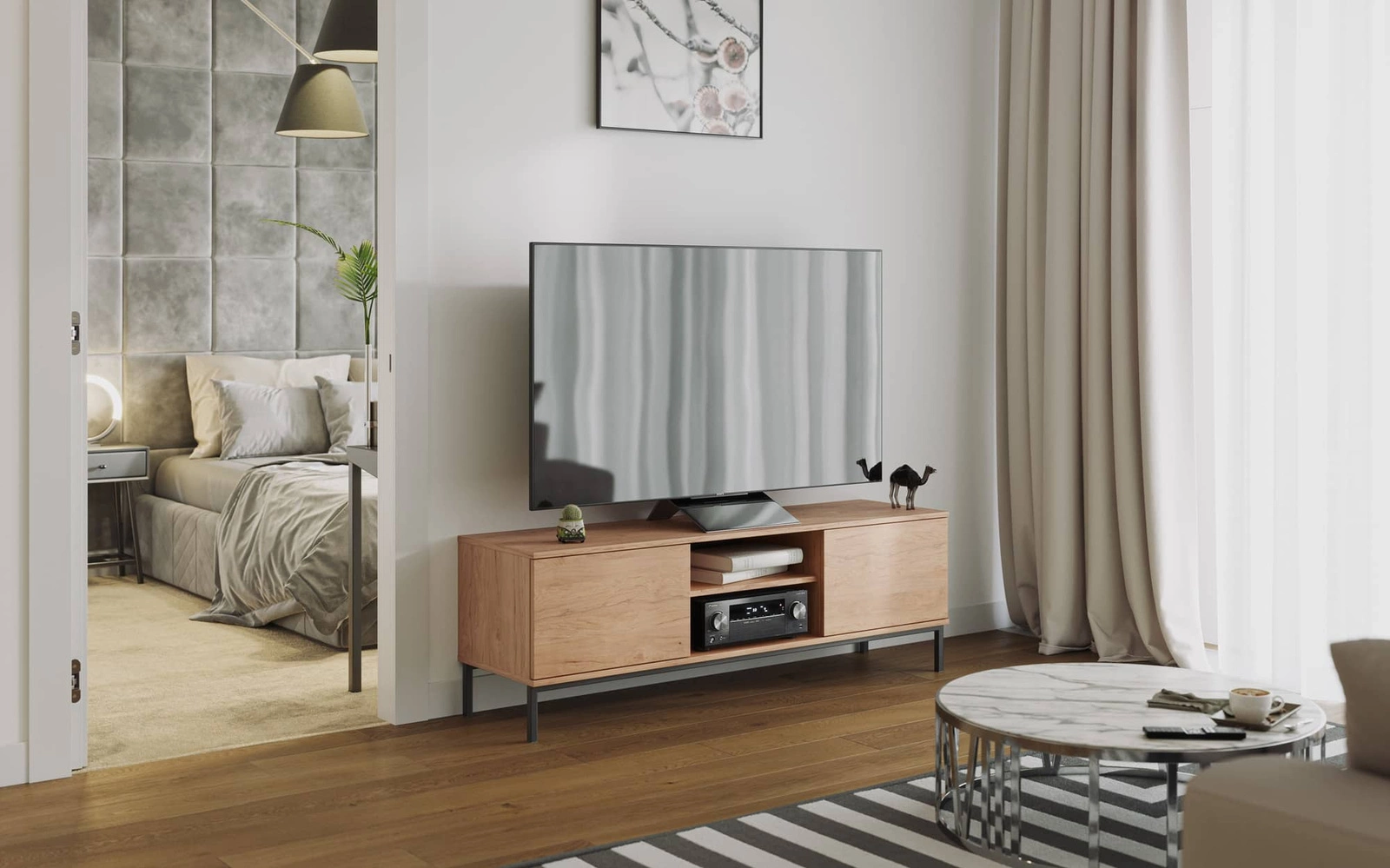 Tutti TV skapītis, 150 cm, hikorija ozola krāsā, elegants skapja dizains, izturīgas metāla durvis atveras, nospiežot