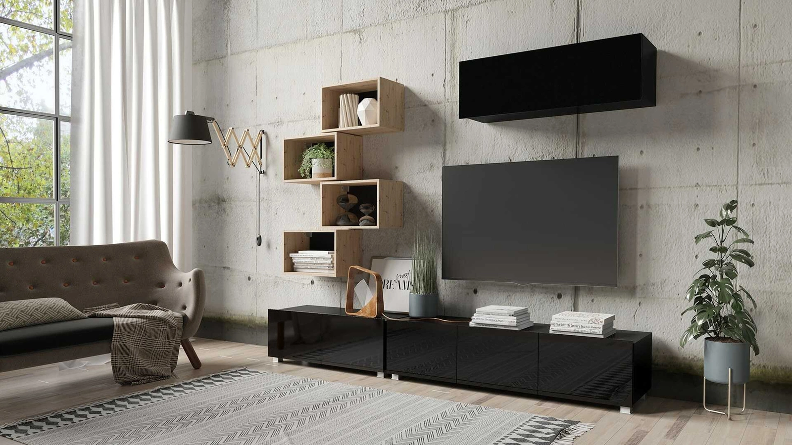 CALABRINI sienas skapis 105 cm, spīdīgi melns, minimālistisks dizains, stilīgs skapis viesistabai, vienkārša forma, piemērots jebkuram interjeram. — 3 attēls