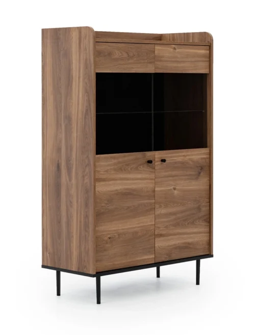 Apallo plats vitrīnas skapis 90 cm, Castello brendija ozola krāsā, oriģināla forma, uzstādīts uz metāla kājām, elementi izgatavoti no rūdīta drošības stikla